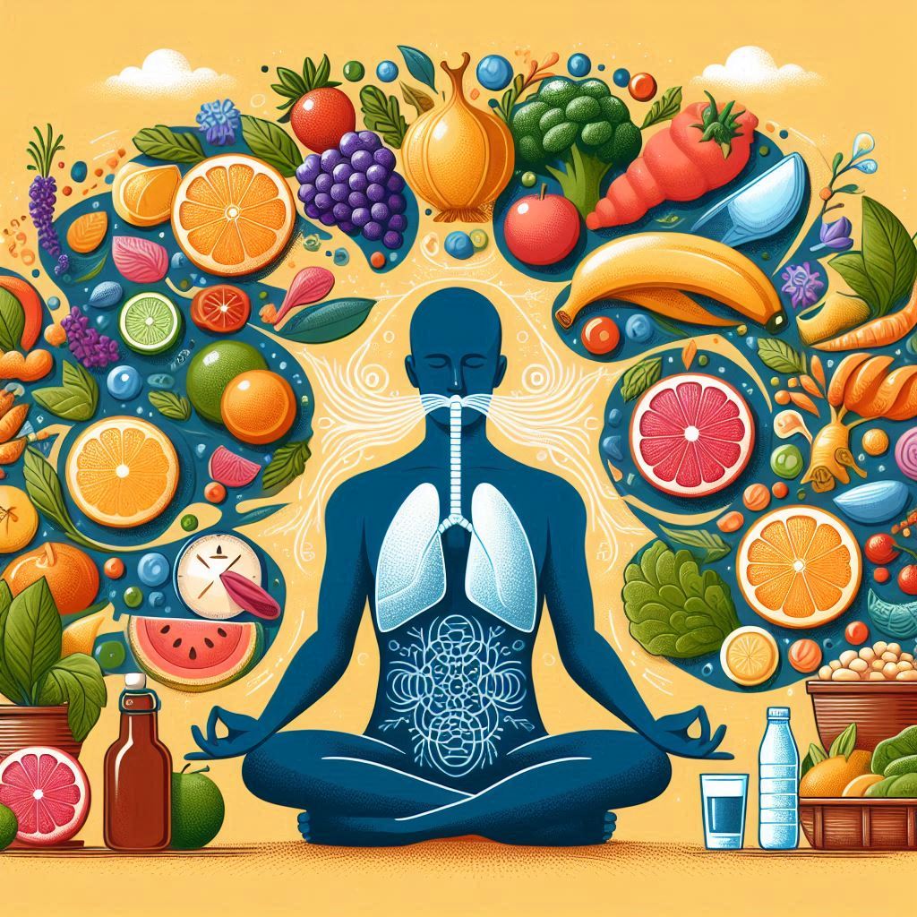 An inspiring collage illustrating strategies for enhancing health and building immunity. Featuring vibrant fruits and vegetables, invigorating breathing exercises, rejuvenating lifestyle habits like sleep and exercise, and practical tips for bolstering immunity through probiotic-rich foods and proper handwashing.